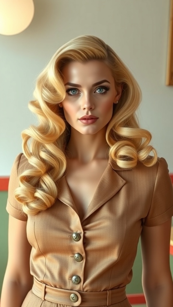 A woman with blonde curly hair styled in vintage Hollywood curls, wearing a brown outfit.