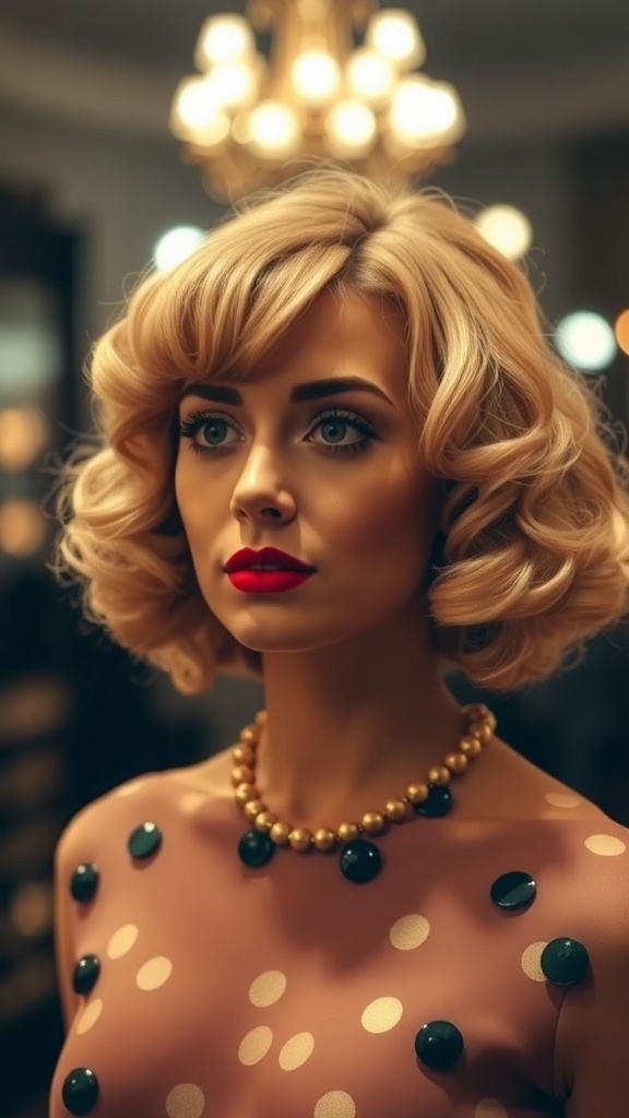 A woman with a vintage inspired curly bob hairstyle, wearing a polka dot dress and bold red lipstick.