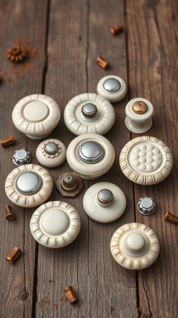 A collection of vintage kitchen knobs in various designs and colors on a wooden surface.