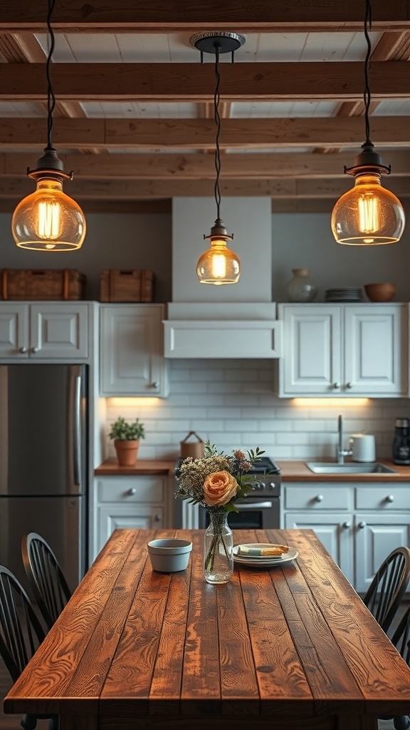A modern farmhouse kitchen featuring vintage lighting fixtures above a wooden table.