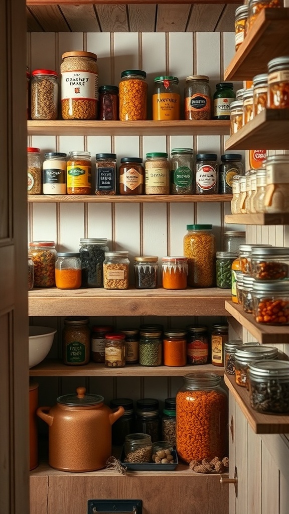 Vintage pantry filled with glass jars and colorful ingredients.