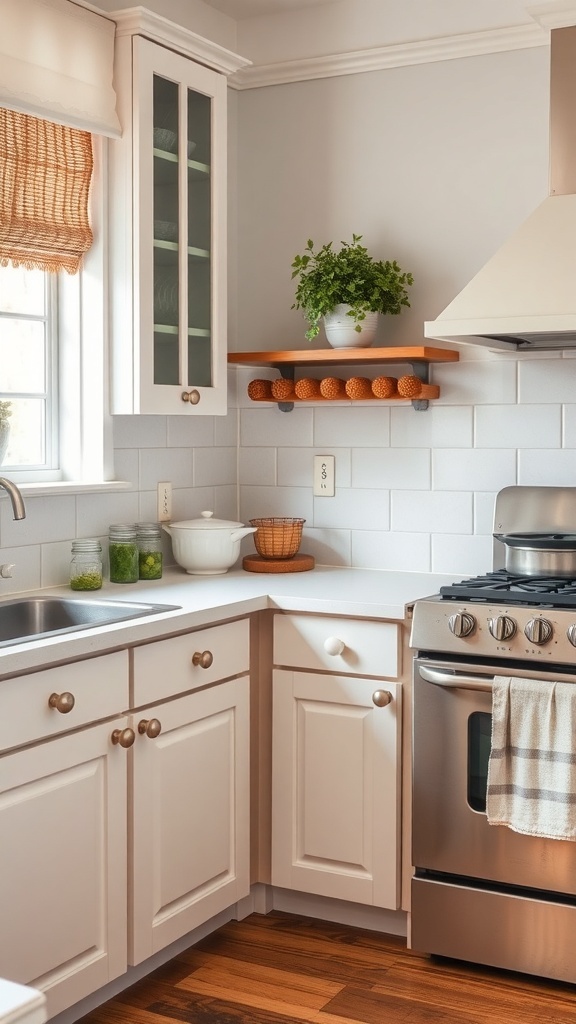 A kitchen with vintage porcelain knobs on cabinets, showcasing a cozy and stylish design.
