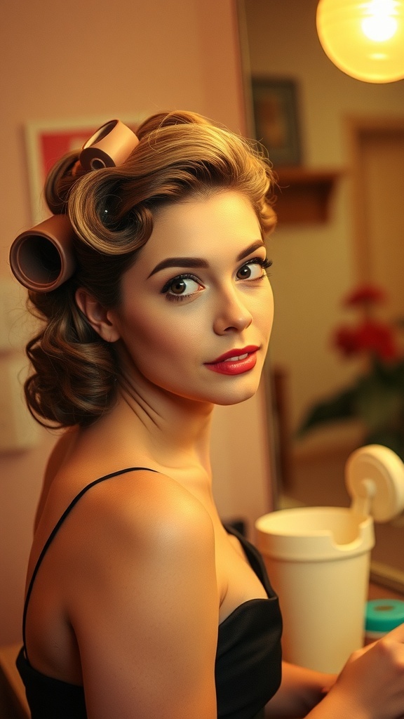 A woman with vintage roller set curls, showcasing a classic 70s hairstyle.