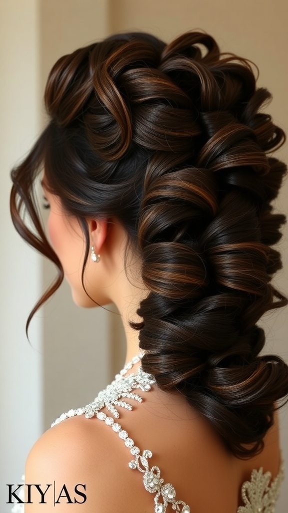 A woman with voluminous curls styled elegantly for a special occasion.