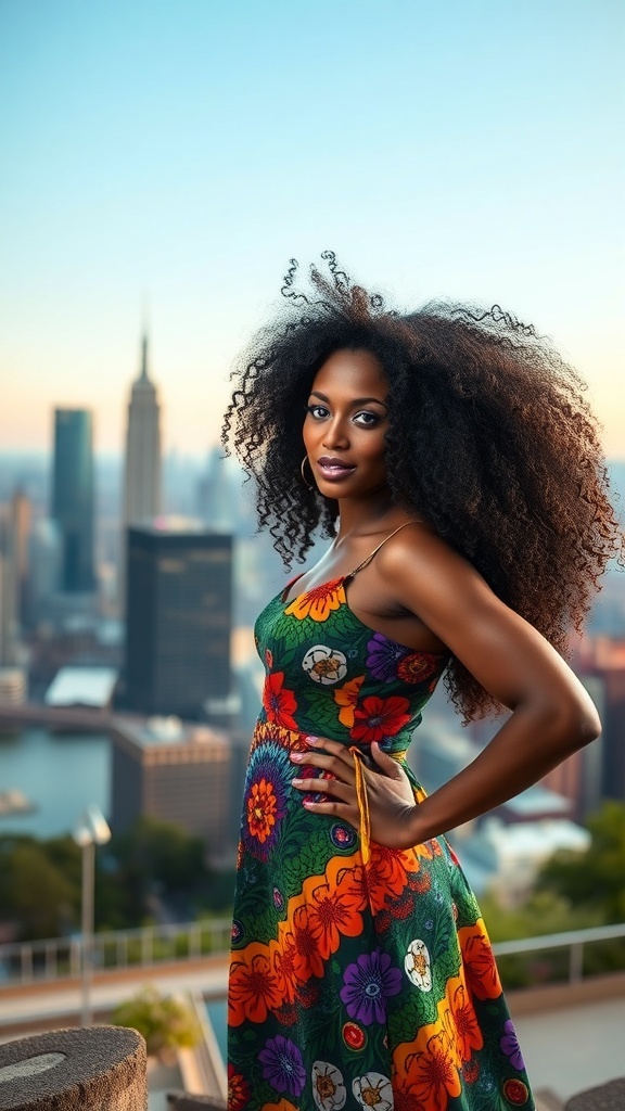 A woman with voluminous curly hair wearing a colorful dress, standing in front of a city skyline.