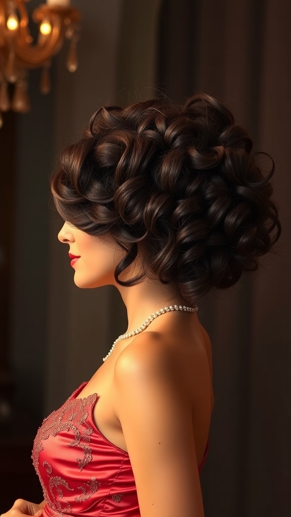 A woman with voluminous curly hair styled in an elegant blowout, wearing a red dress and a pearl necklace.