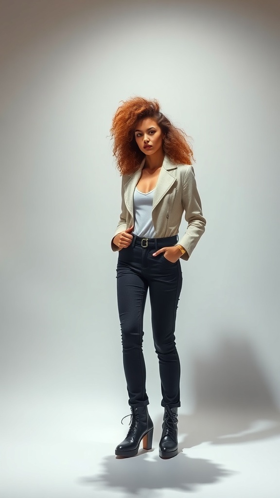 A model with voluminous curly hair wearing a stylish outfit.