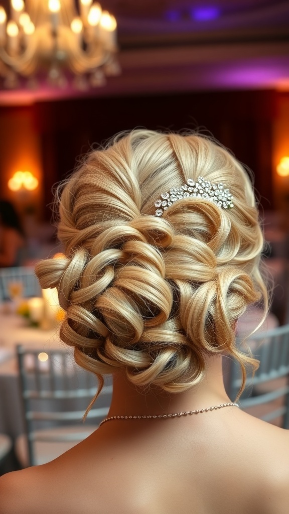 A blonde curly updo hairstyle with decorative hairpiece, showcasing voluminous curls.