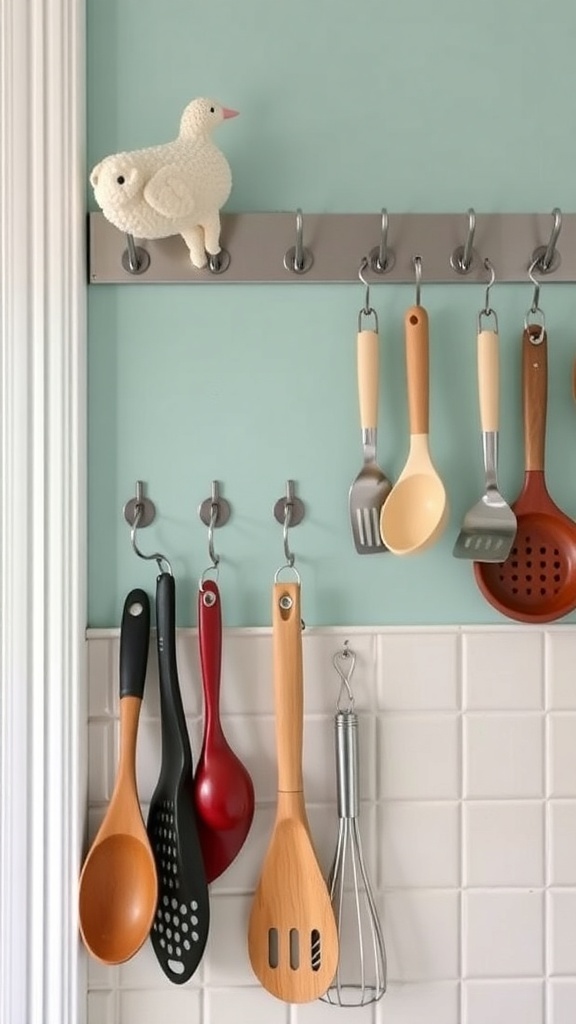 Wall-mounted hooks displaying various kitchen utensils.