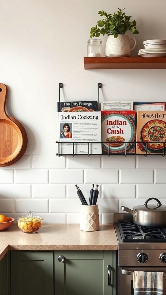 A wall-mounted holder displaying various Indian cookbooks in a cozy kitchen setting.