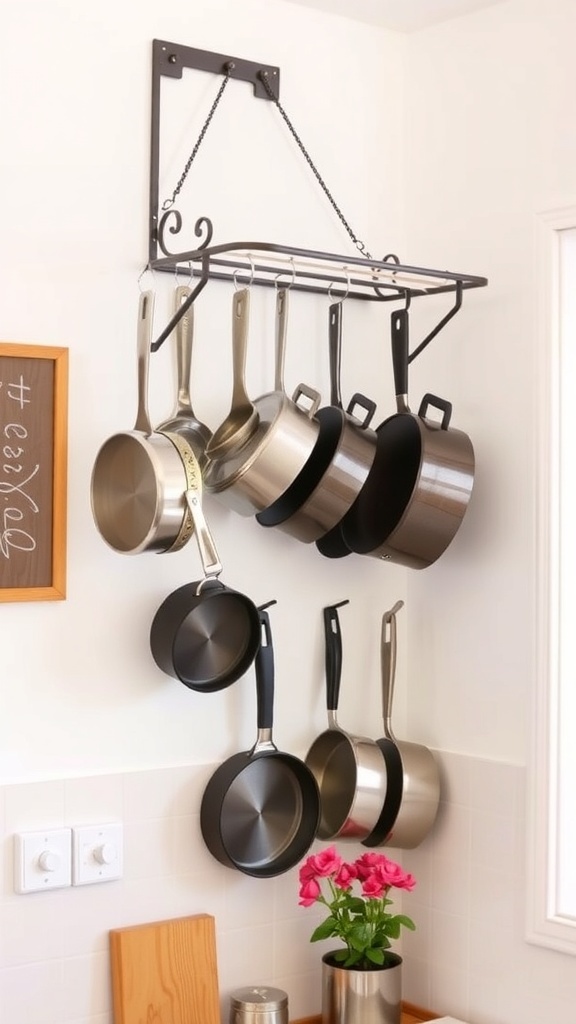 A wall-mounted pot rack displaying various pots and pans, enhancing kitchen organization.
