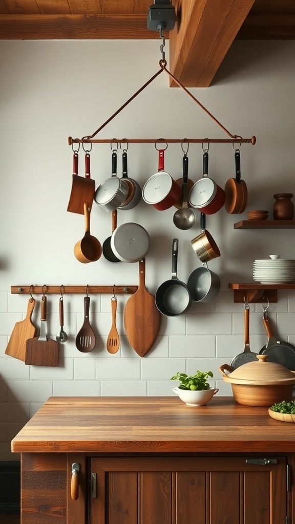 A wall-mounted pot rack displaying various pots, pans, and utensils in a cozy kitchen setting.