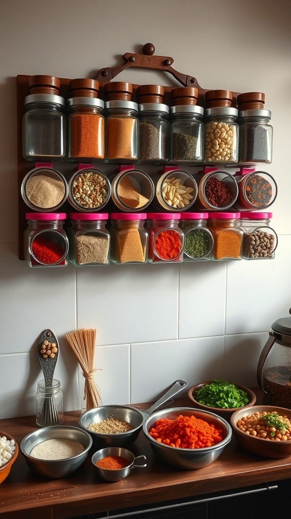 A wall-mounted spice rack with various jars filled with spices, showcasing an organized kitchen setup.