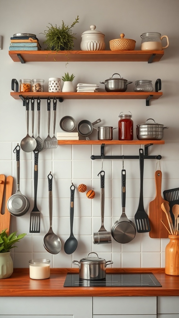 A small kitchen with wall-mounted shelves displaying pots, utensils, and decorative items.