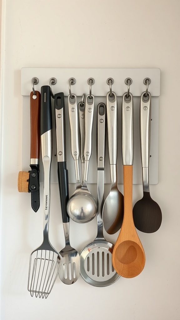 A wall-mounted utensil holder displaying various kitchen tools.