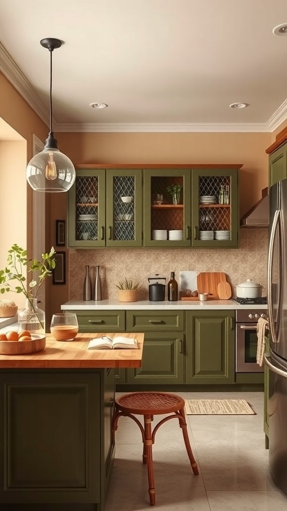 A kitchen featuring warm beige walls and olive green cabinets, with wooden accents.