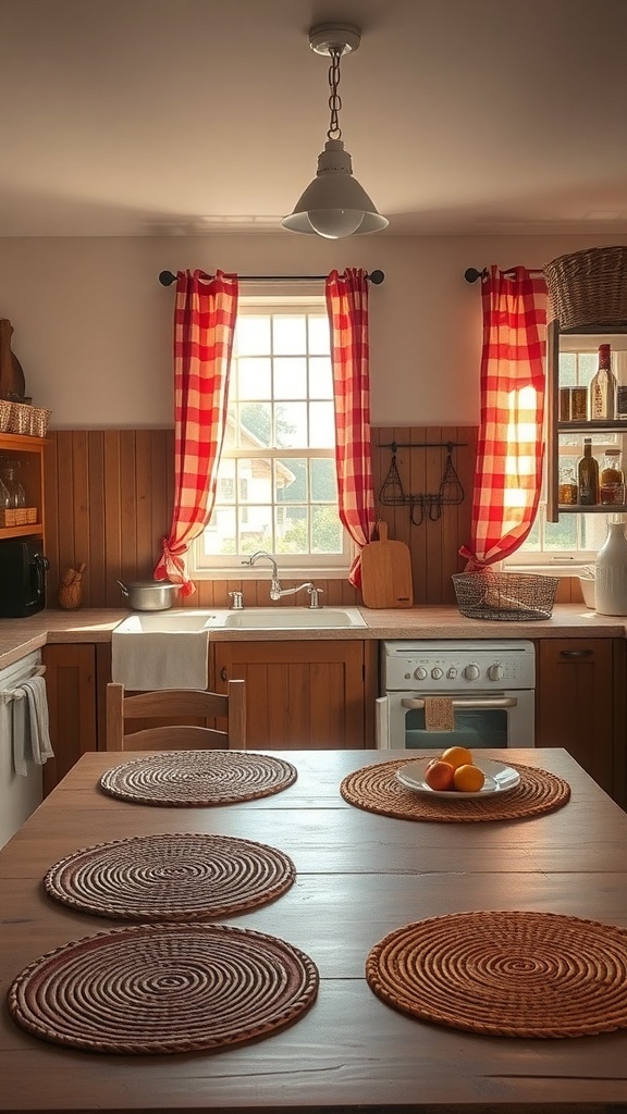 Rustic farmhouse kitchen with warm colors and textiles, featuring red checkered curtains and woven placemats.