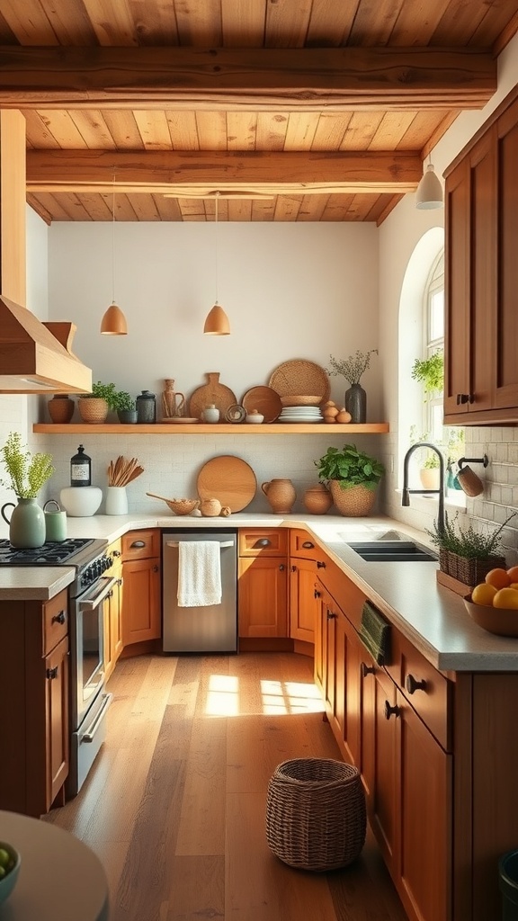 A cozy farm style kitchen featuring warm wooden cabinets, natural textures, and earthy decor.
