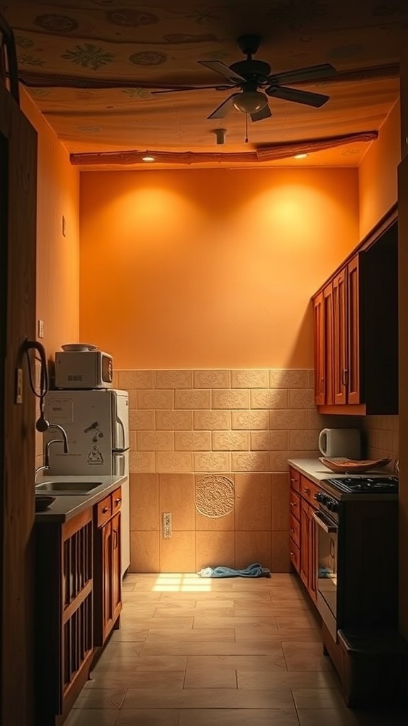 A cozy Indian kitchen with warm earthy tones, featuring wooden cabinets and soft lighting.