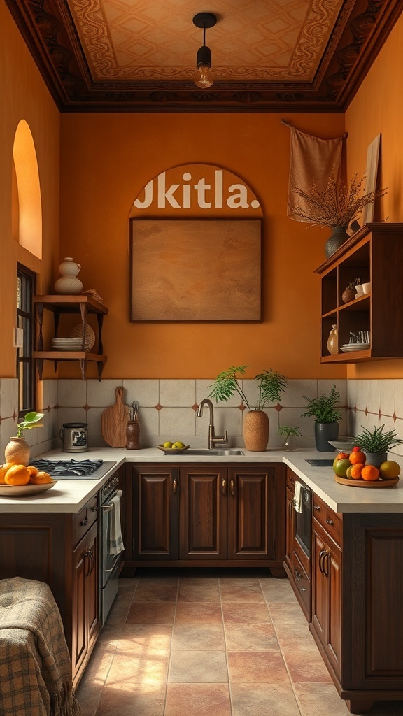 Traditional Indian kitchen with warm earthy tones and wooden cabinets.