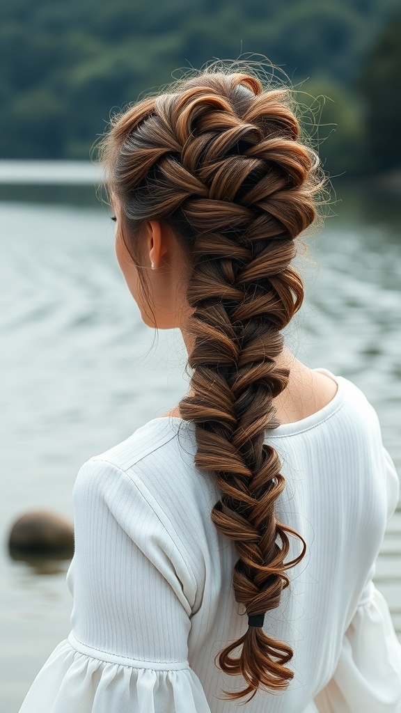 A woman with a beautiful waterfall braid hairstyle, showcasing intricate weaving and rich hair tones.