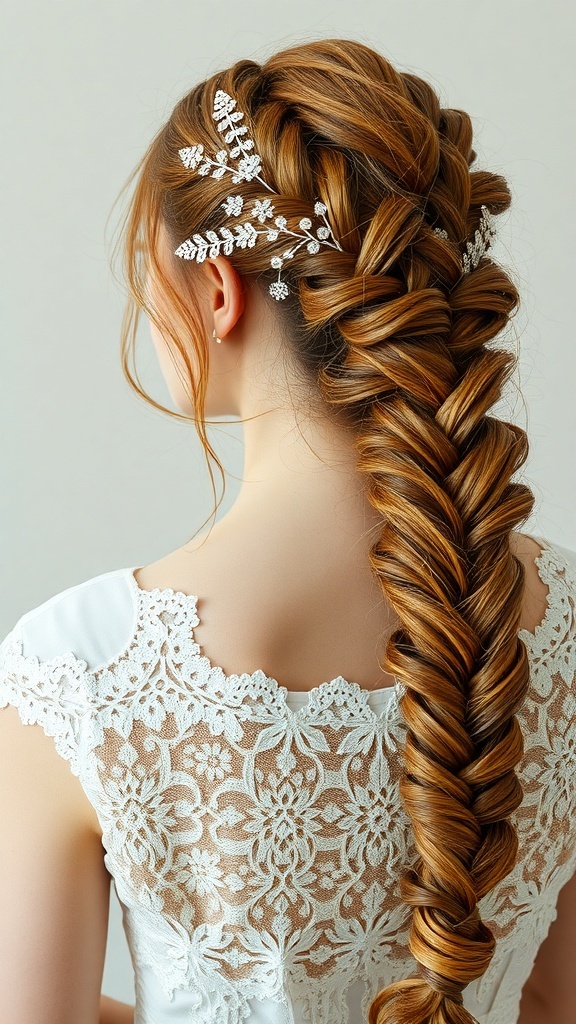A beautiful waterfall braid hairstyle with hair accessories.