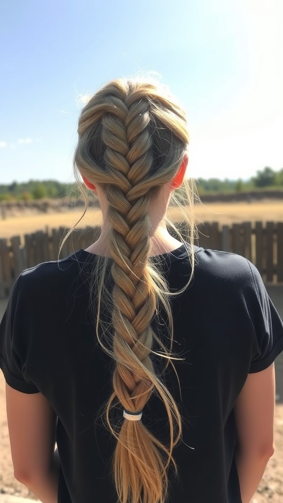 A woman with a waterfall braid hairstyle, featuring loose strands, viewed from the back.