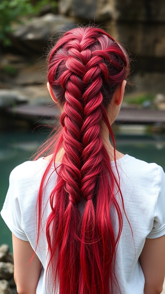 A woman with long red hair styled in a waterfall braid, showing the intricate weaving and vibrant color.