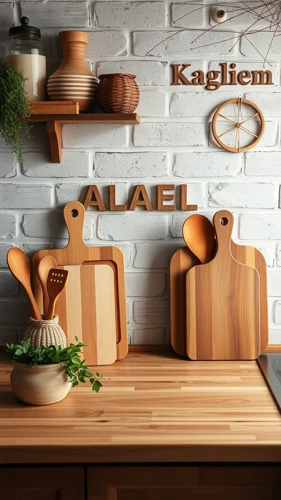 A collection of wooden cutting boards and utensils displayed on a kitchen counter.
