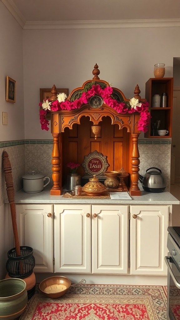 A beautifully crafted wooden mandir adorned with flowers, placed in a kitchen setting.