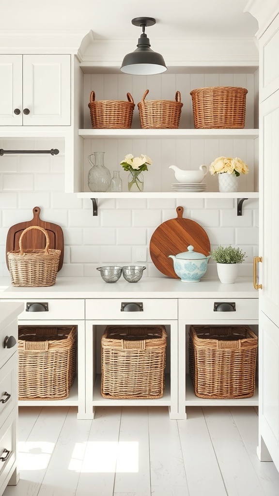A white farmhouse kitchen featuring woven baskets for storage on shelves and in drawers.