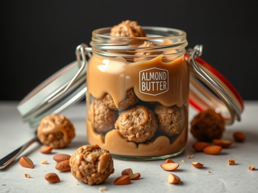 A jar of almond butter with energy bites and almonds scattered around.
