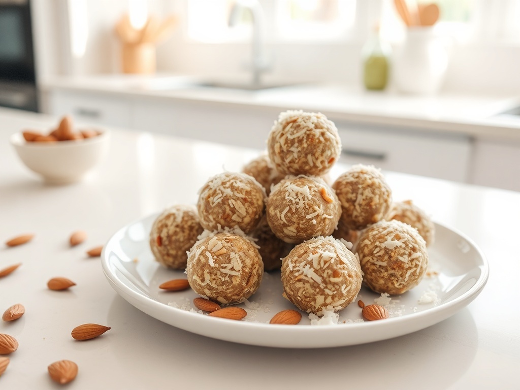 A plate of almond coconut energy bites with almonds scattered around.