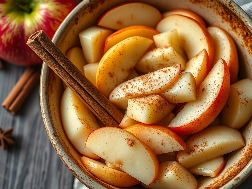 A bowl of sliced apples sprinkled with cinnamon and a cinnamon stick.