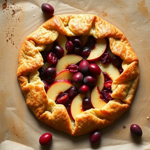 A rustic apple cranberry galette with golden crust and vibrant fruit filling.