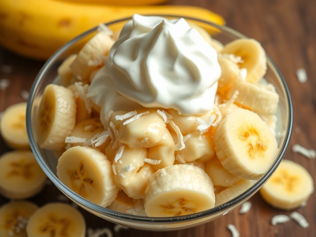 A bowl of banana and coconut cream dessert topped with whipped cream and shredded coconut.