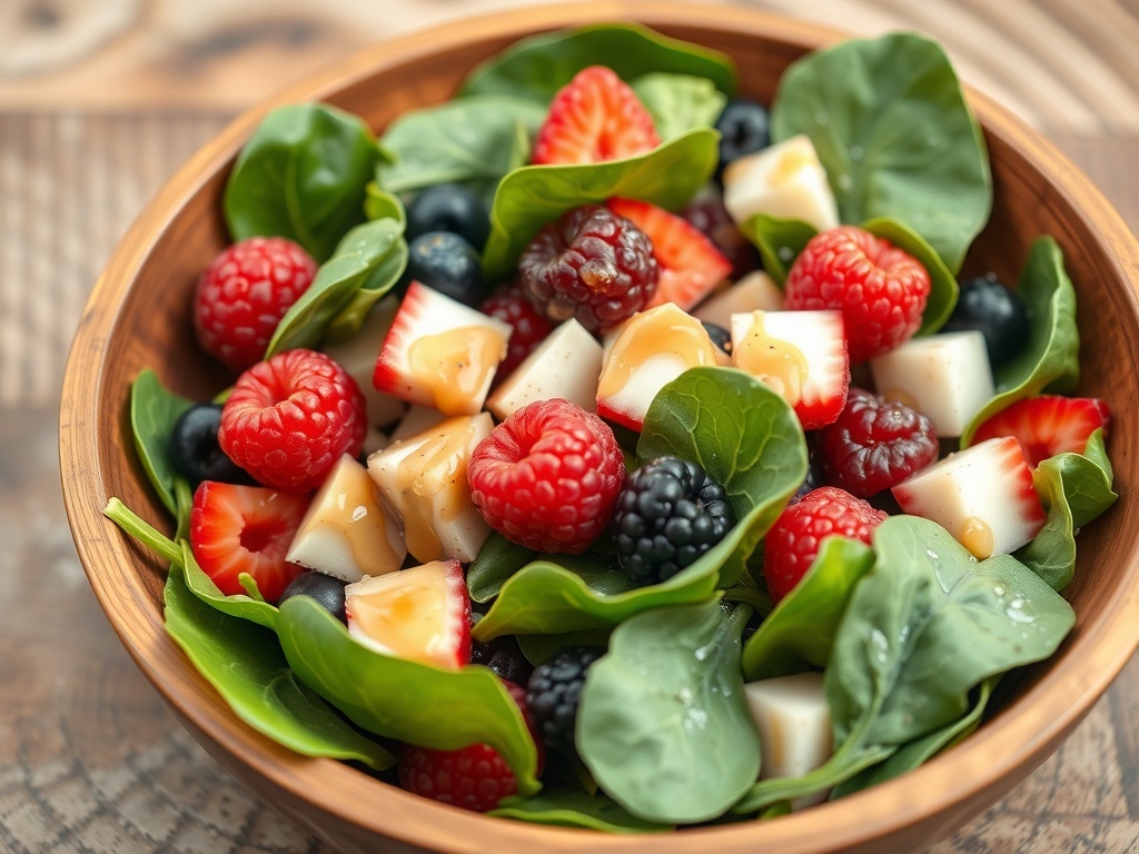 A colorful bowl of spinach topped with various berries and feta cheese.