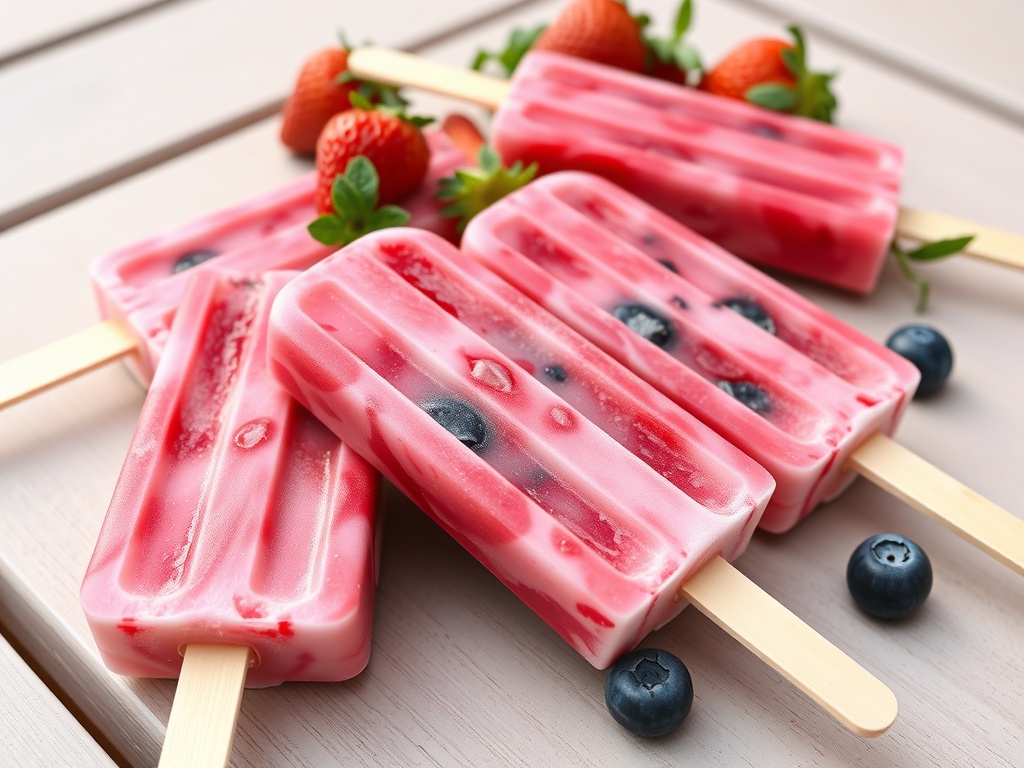 Colorful berry popsicles made with strawberries and blueberries on a wooden surface.
