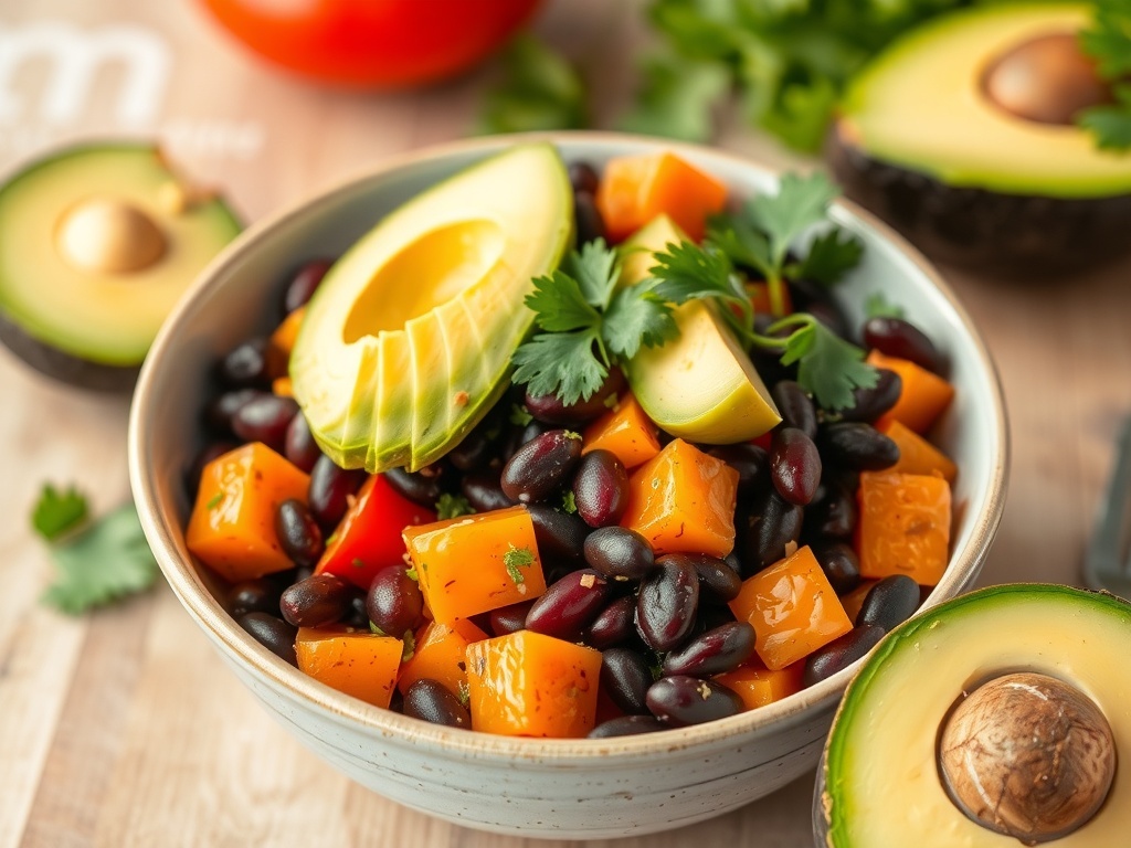 A colorful bowl of black bean and sweet potato salad with avocado and cilantro.