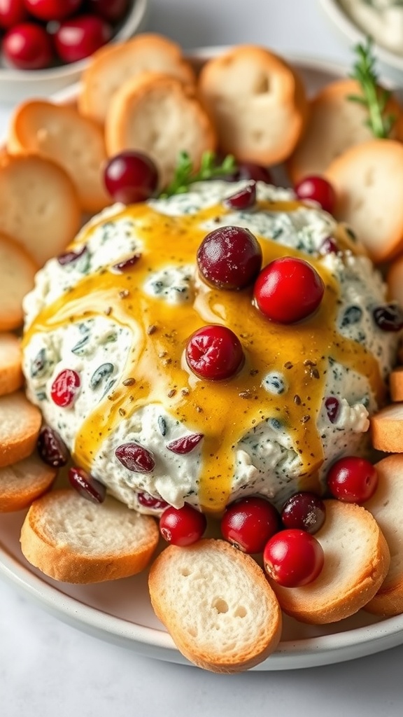 A festive cheeseball made with blue cheese and cranberries, surrounded by bread slices.
