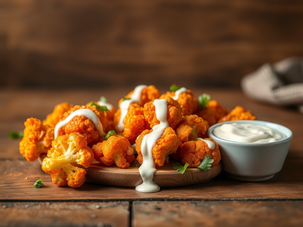 Buffalo cauliflower bites served with ranch dressing