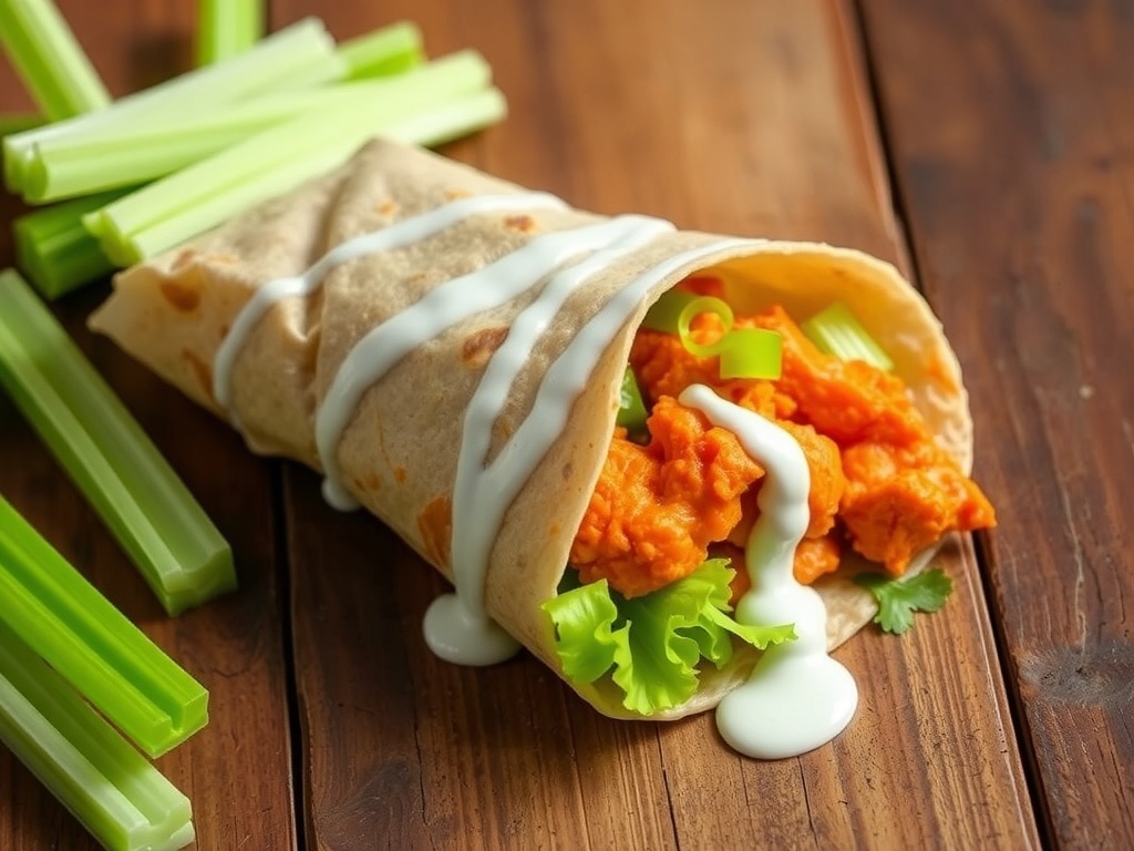Buffalo chicken wrap with celery and ranch dressing