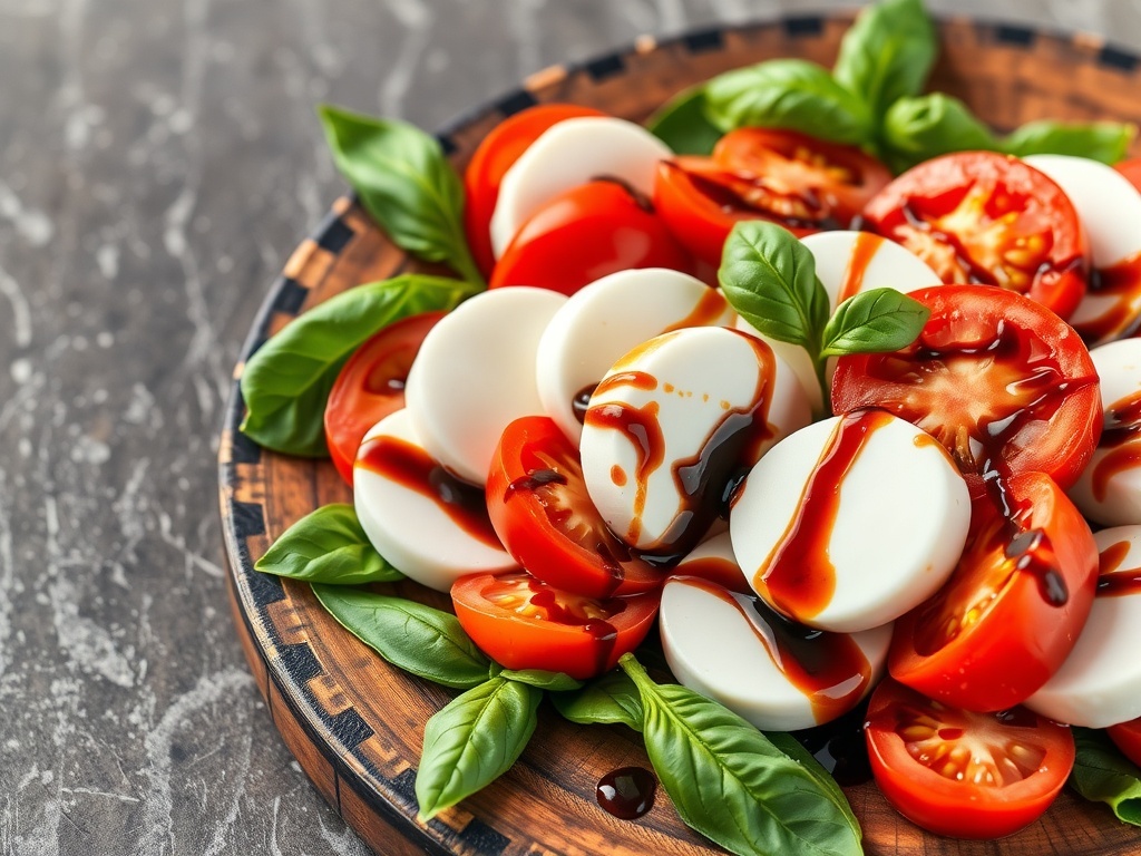 A vibrant Caprese salad featuring sliced tomatoes, mozzarella, and fresh basil, drizzled with balsamic glaze.