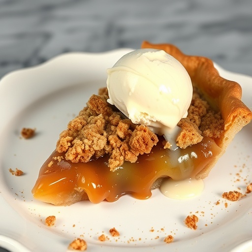 A slice of caramel apple pie with a scoop of vanilla ice cream on top, sitting on a white plate.