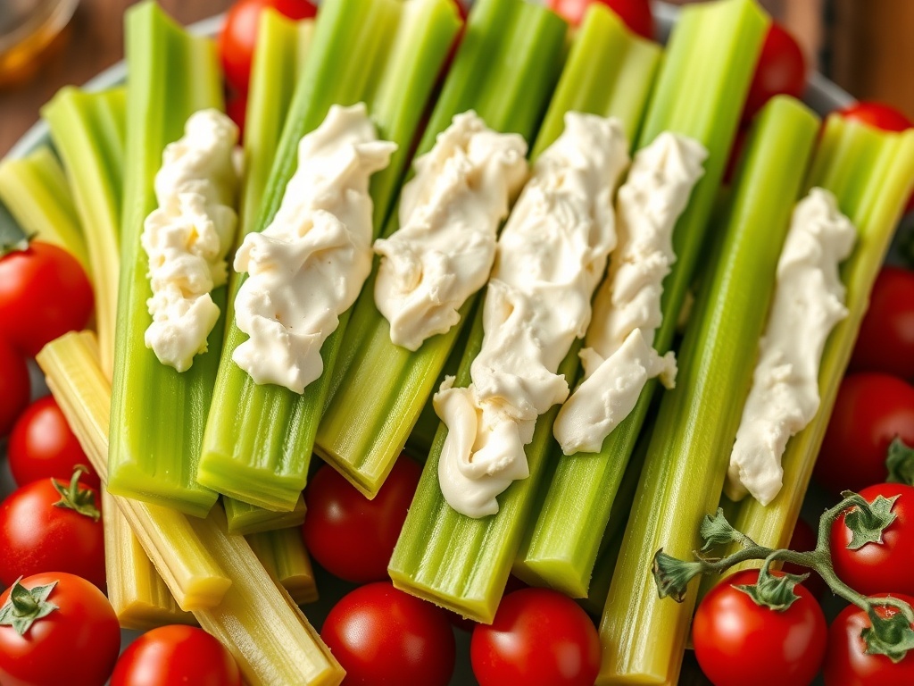 Celery sticks topped with cream cheese on a platter with cherry tomatoes