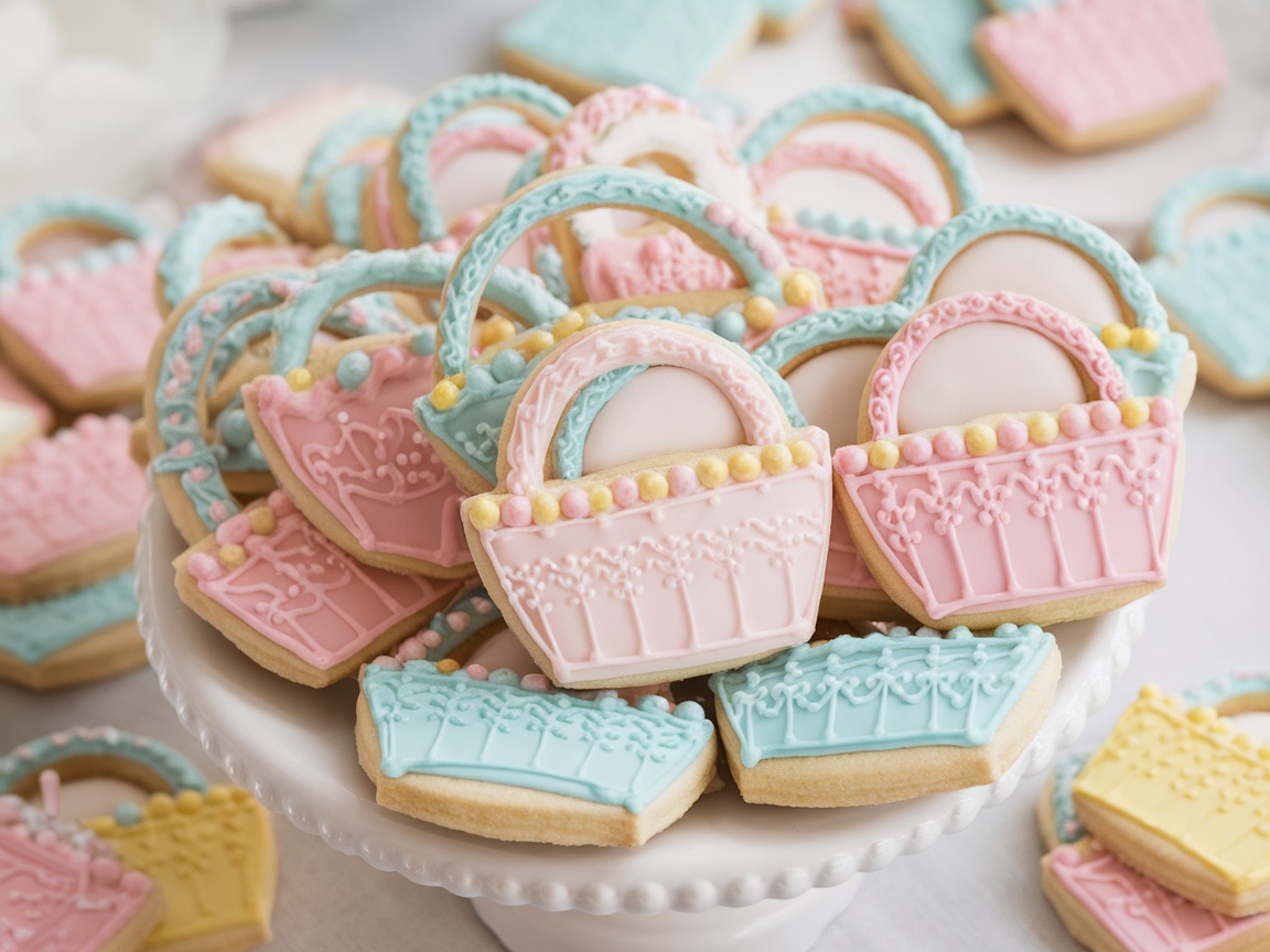 Pastel sugar cookies shaped like baskets, decorated with royal icing in various colors, displayed on a white plate.