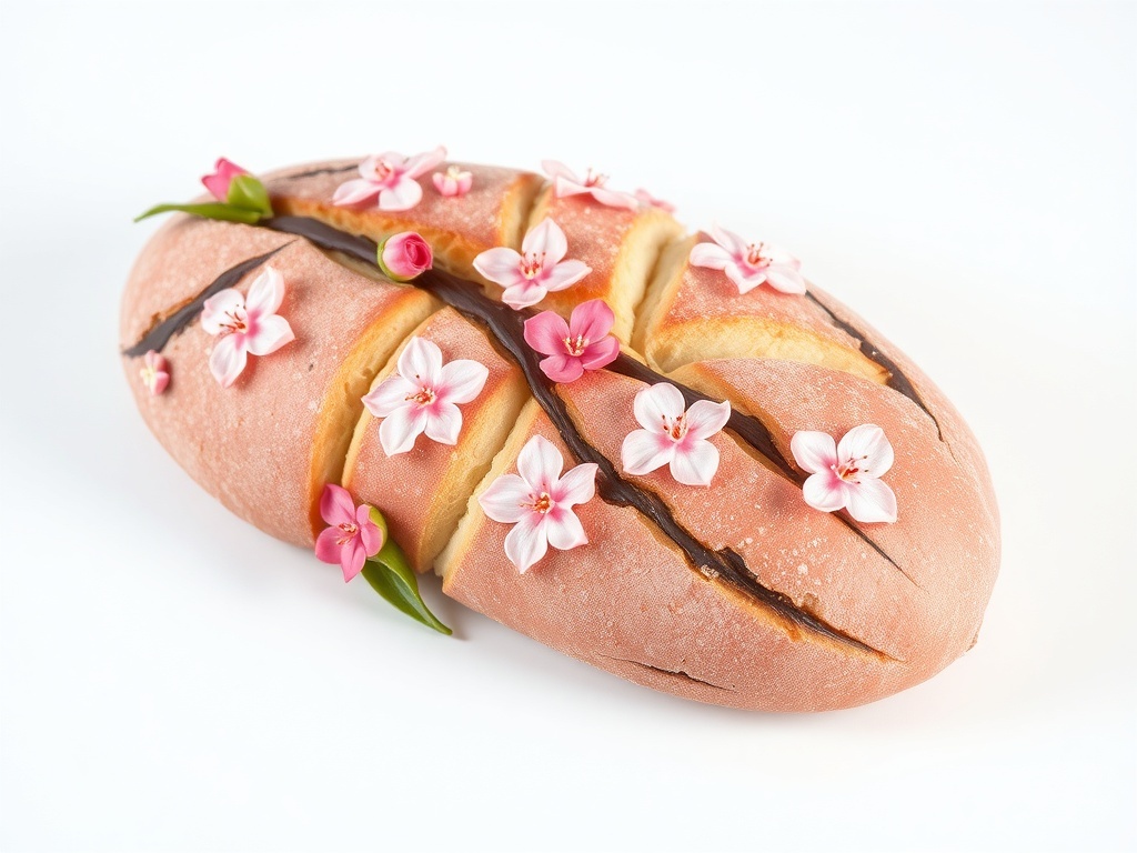 A beautifully shaped sourdough loaf decorated with cherry blossoms.