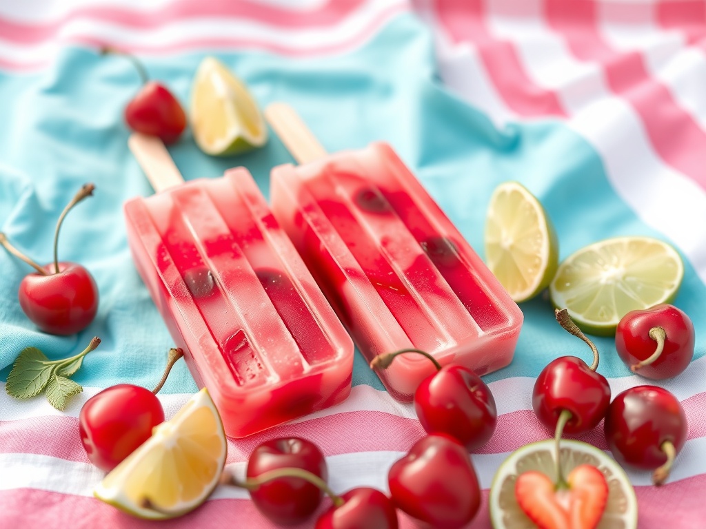 Cherry Limeade Popsicles on a colorful background with cherries and lime slices.
