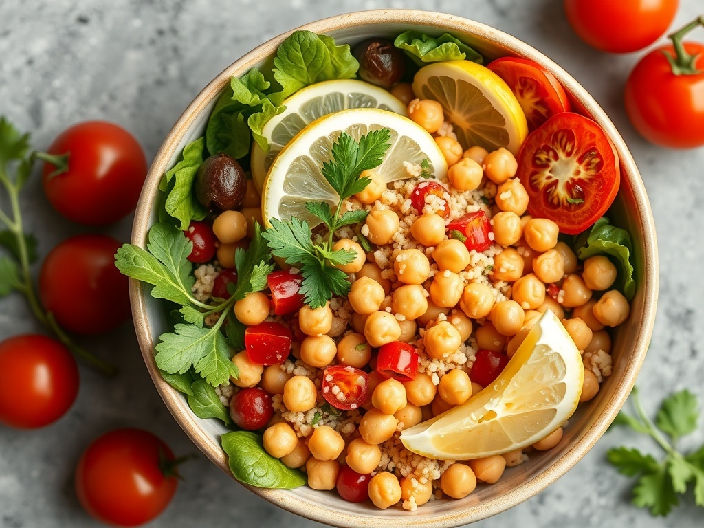 A colorful chickpea and quinoa salad bowl with lemon and fresh vegetables.