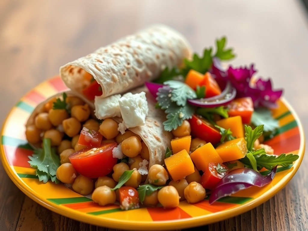 A colorful plate featuring a chickpea salad and feta wrap with fresh vegetables.